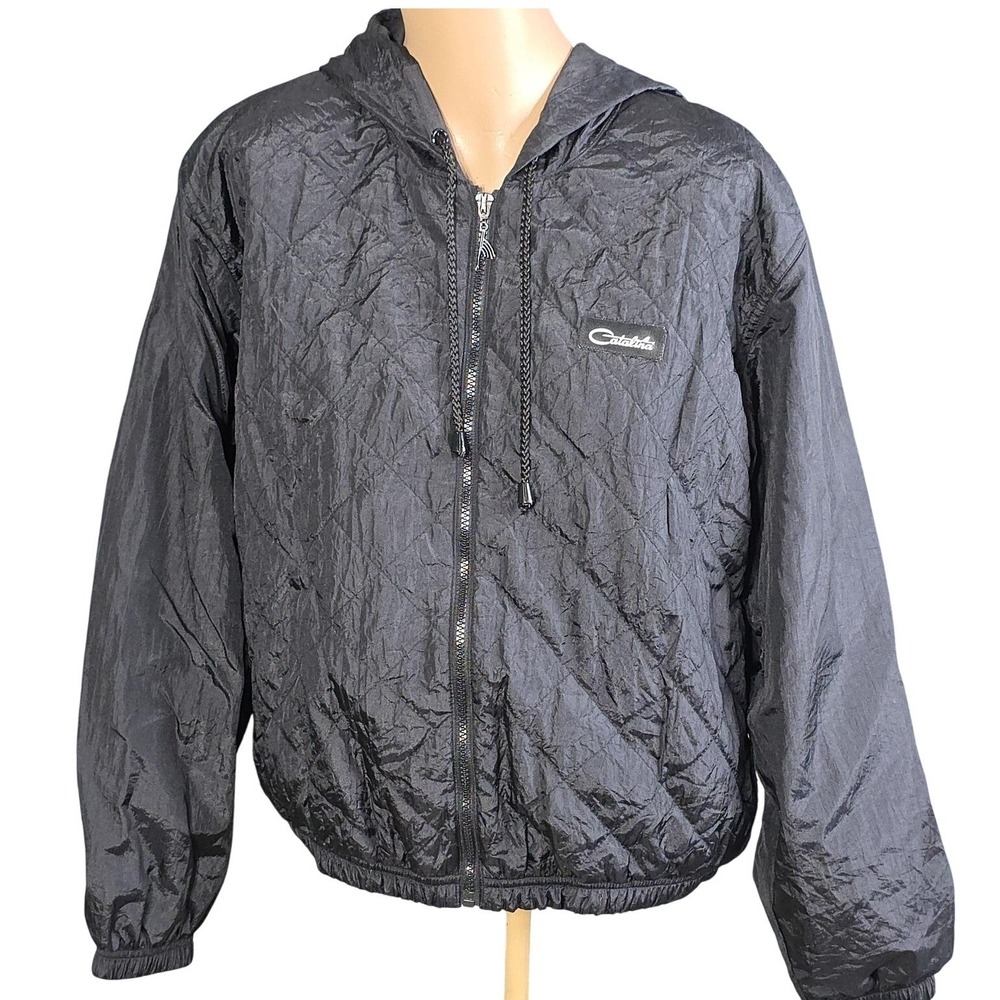Catalina Quilted Windbreaker Jacket Mens Medium Black Hooded Full Zip RN 45701
